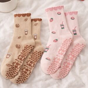 Cute Coffee and Strawberry Themed Pilates grip Socks